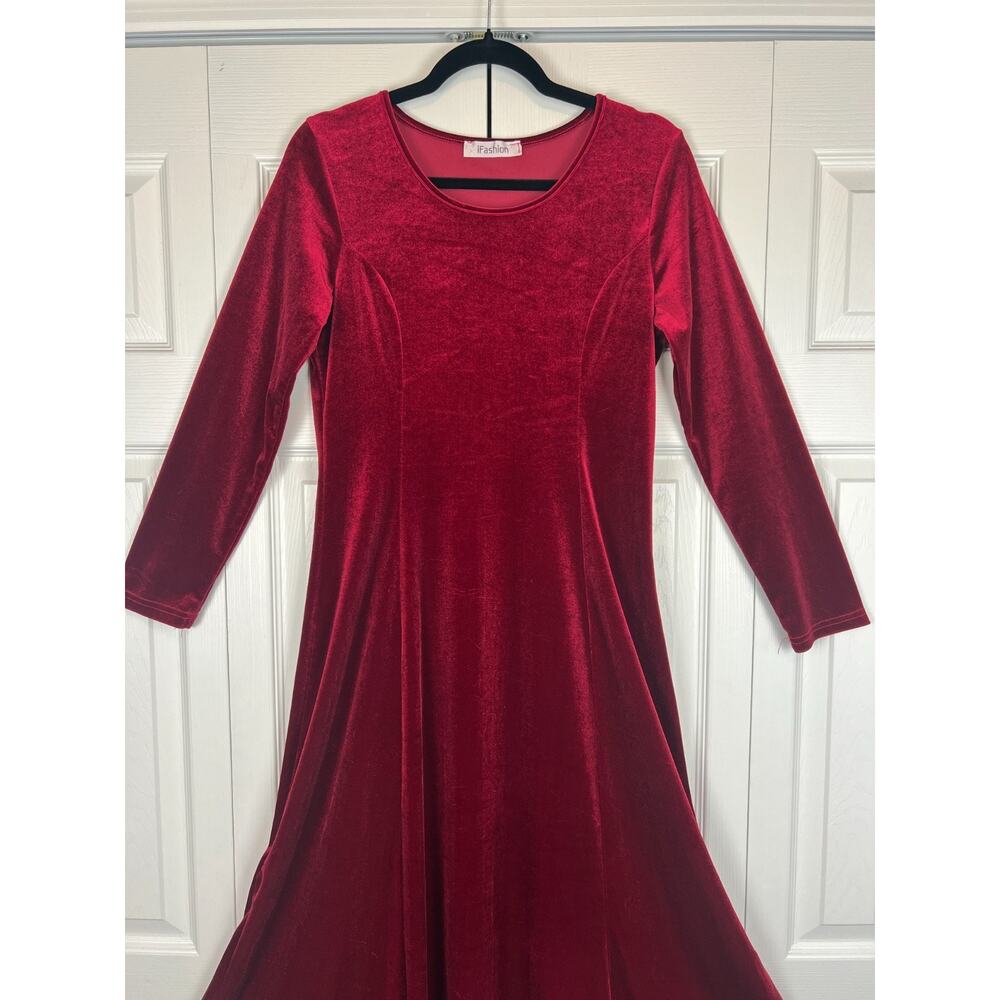 Red Velour Midi Dress Long Sleeve Fit & Flare Stretch Minimalist Small 6 - Picture 3 of 7
